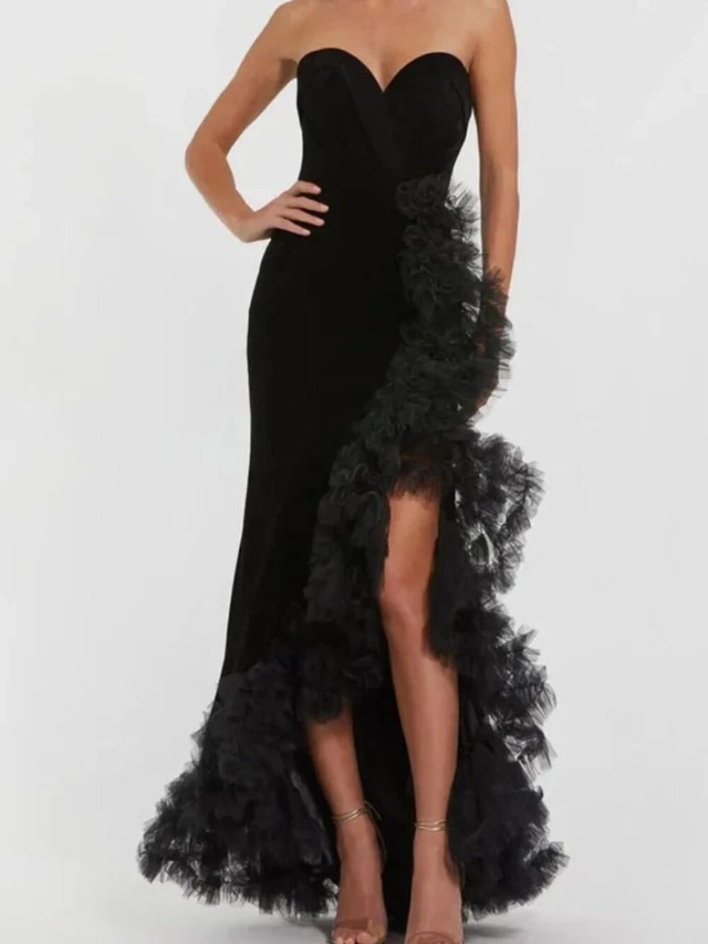 Mac Duggal Black Velvet Strapless Ruffled High Slit Mermaid Gown